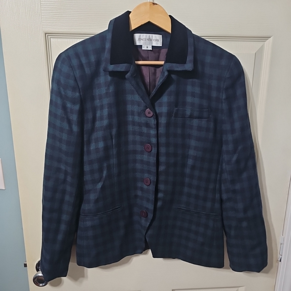 Jones New York Vintage 100% Wool Velvet Navy Green Plaid Blazer Jacket Women's 8